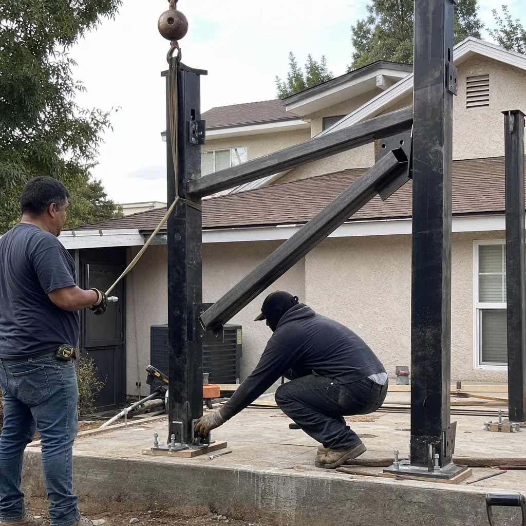 Construction workers installing steel structural framing for an ADU build
