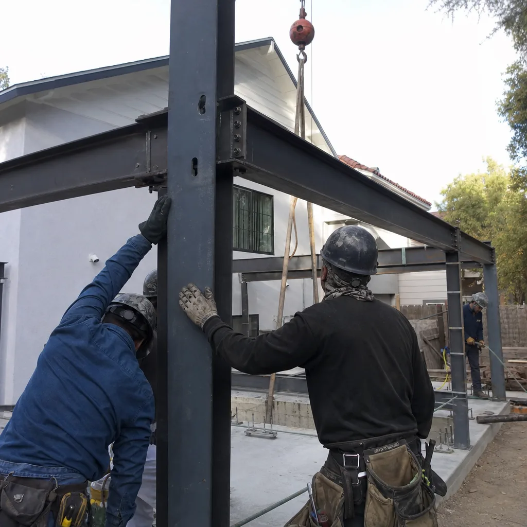 Construction crew installing steel framework for a professional ADU build