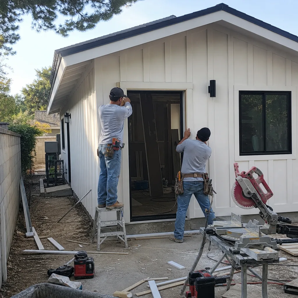 Two construction contractors installing exterior door trim on a modern ADU.