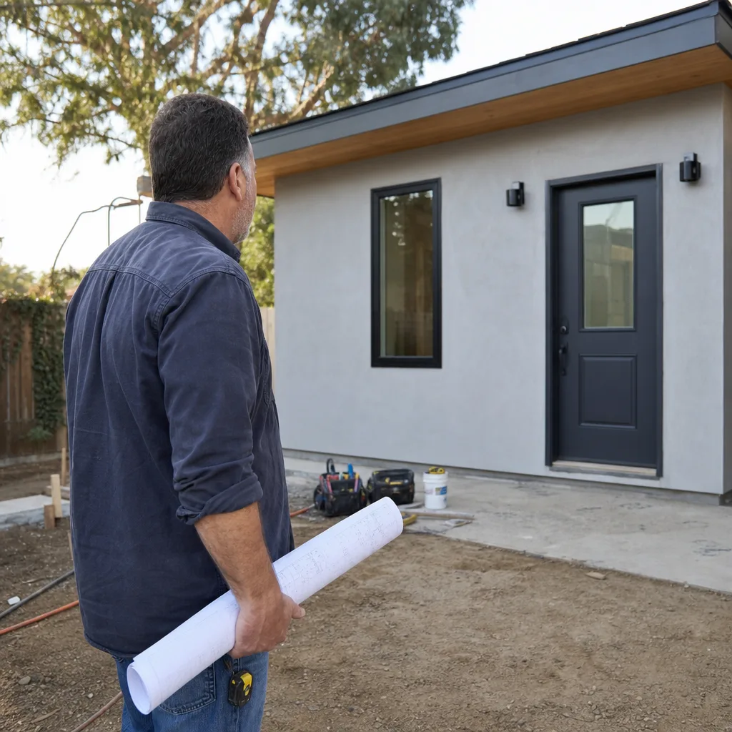 Contractor holding blueprints in front of a newly constructed accessory dwelling unit