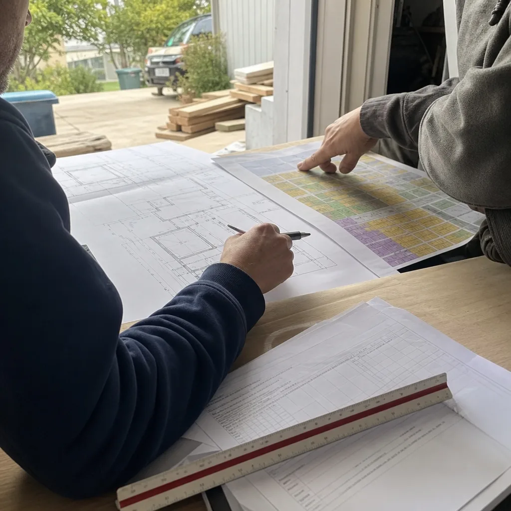 Two professionals reviewing room addition blueprints and planning documents