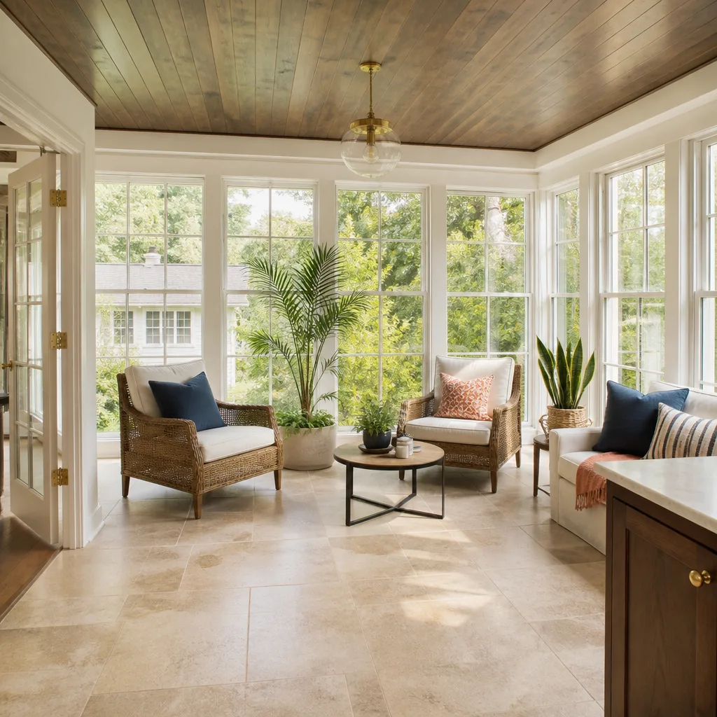A new sunroom addition with three walls of windows